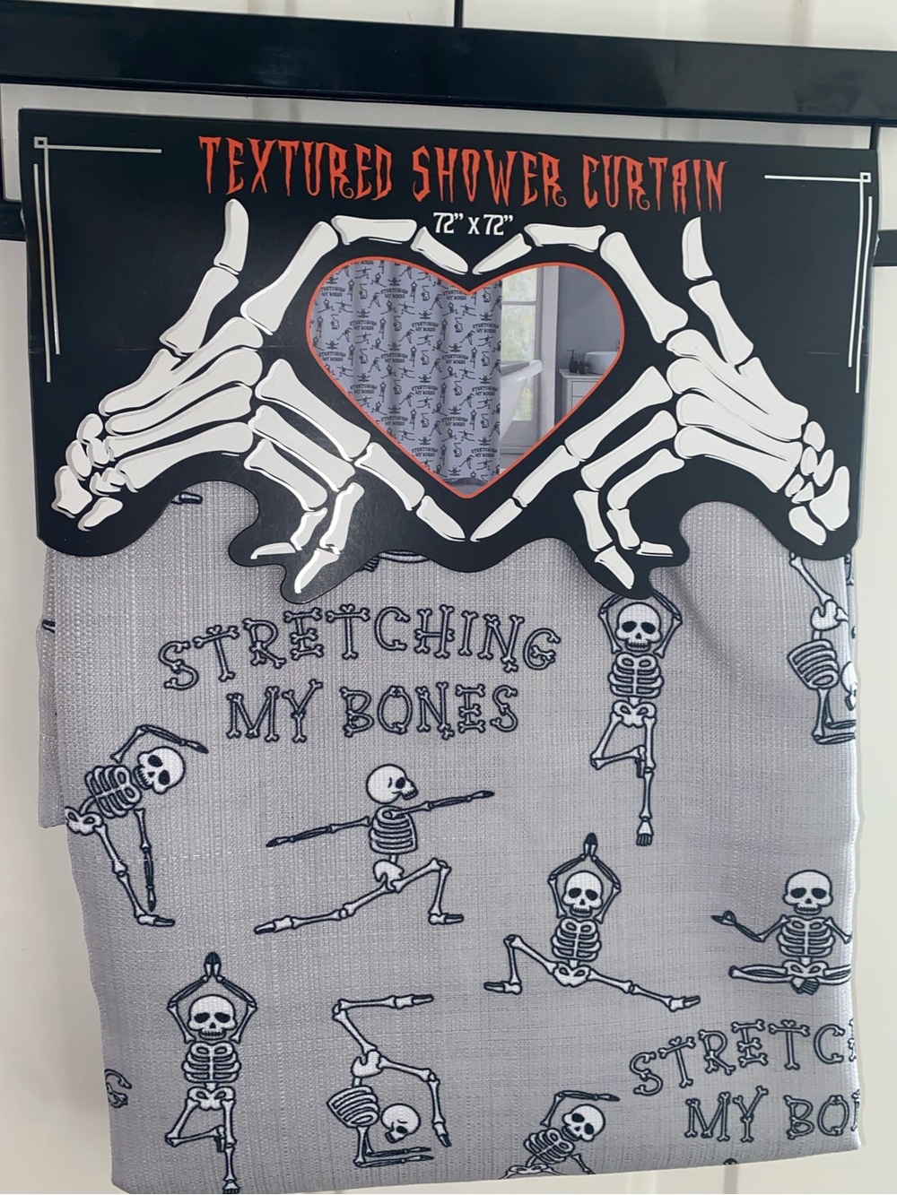 Halloween Yoga Skeletons Stretching My Bones Shower Curtain Gray Black